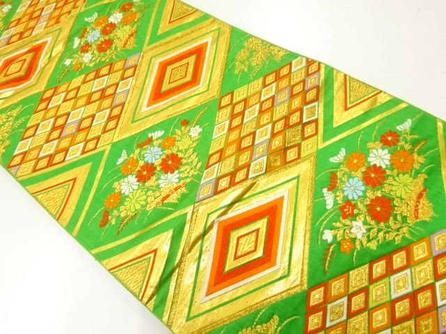 アンティーク　重ね菱に秋草模様織出し袋帯（材料）